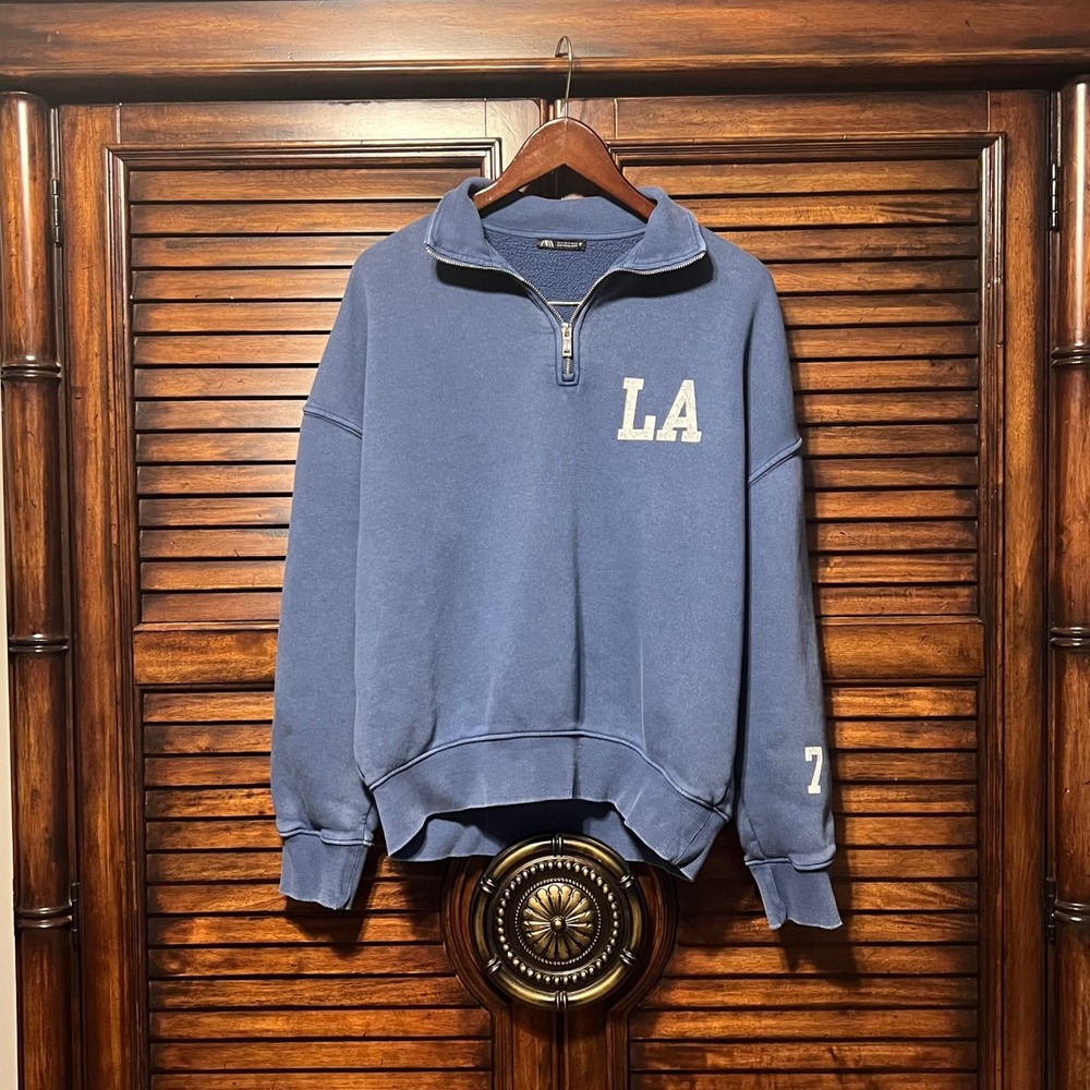 Zara LA 7 Graphic Quarter Zip Sweatshirt Blue Fleece Pullover Women's Small